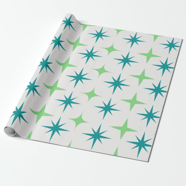 Mid Century Retro Starbursts Mönster teal grön  Presentpapper (Utrullad)