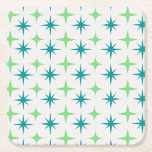 Mid Century Retro Starbursts Mönster teal grön  Underlägg Papper Kvadrat