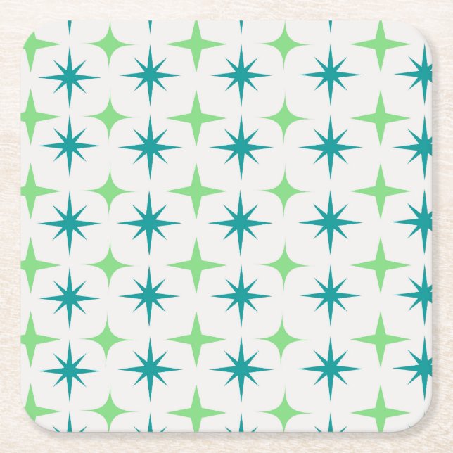 Mid Century Retro Starbursts Mönster teal grön  Underlägg Papper Kvadrat (Framsidan)