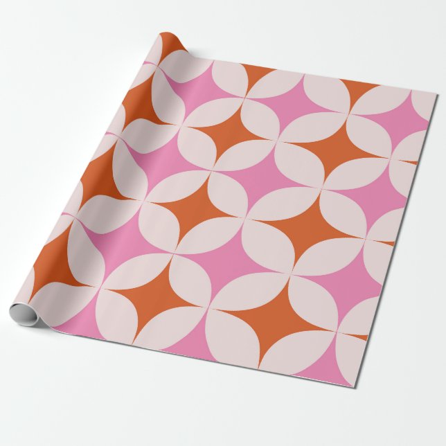 Mid Century Retro Stjärnbursts Mönster Orange Rosa Presentpapper (Utrullad)