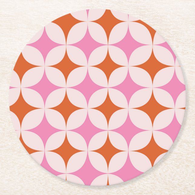 Mid Century Retro Stjärnexplosioner Mönster Orange Underlägg Papper Rund (Framsidan)