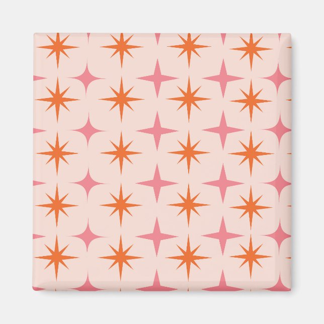 Mid Century Retro Stjärnexplosioner Mönster Rosa O Magnet (Framsidan)