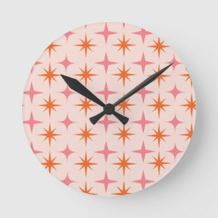 Mid Century Retro Stjärnexplosioner Mönster Rosa O Rund Klocka