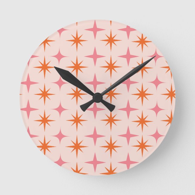 Mid Century Retro Stjärnexplosioner Mönster Rosa O Rund Klocka (Framsida)