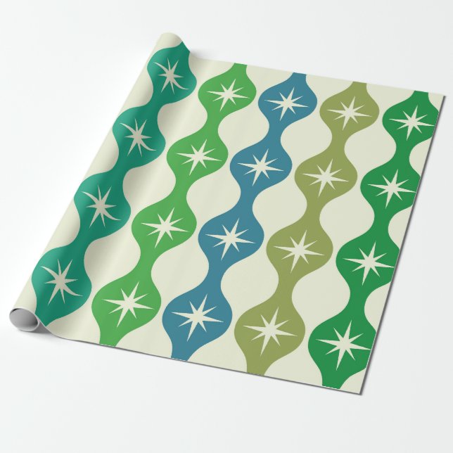 Mid Century Retro Stjärnexplosioner på Grön Ogee Presentpapper (Utrullad)