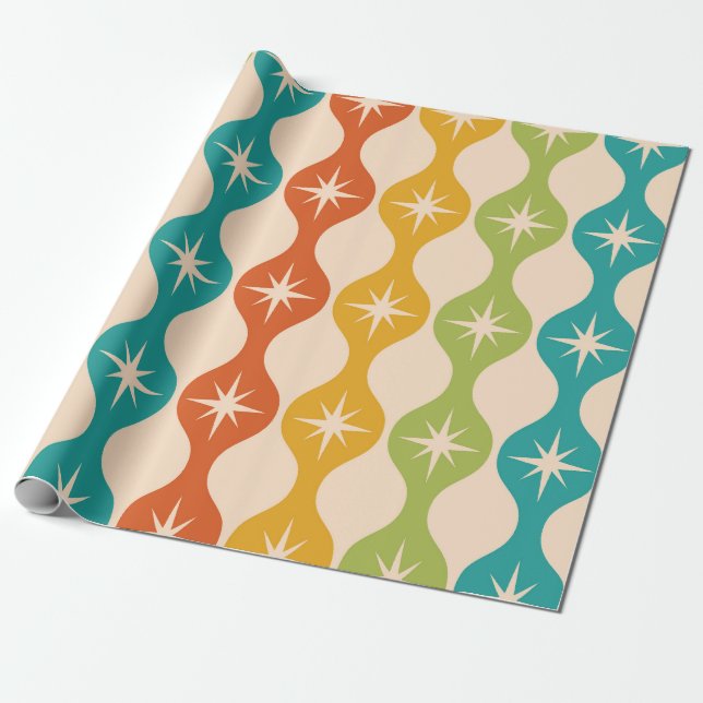 Mid Century Retro Stjärnexplosioner på ogee-mönste Presentpapper (Utrullad)