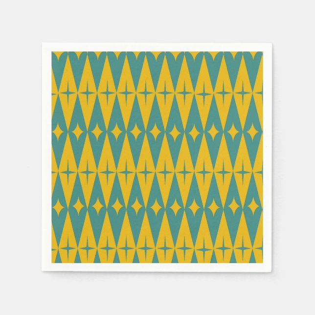 Mid Century Retro Stjärnor på Teal Mustard Diamant Pappersservett (Framsidan)