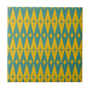 Mid Century Retro Stjärnor på Teal Senap Diamanter Kakelplatta