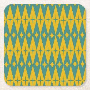 Mid Century Retro Stjärnor på Teal Senap Diamanter Underlägg Papper Kvadrat