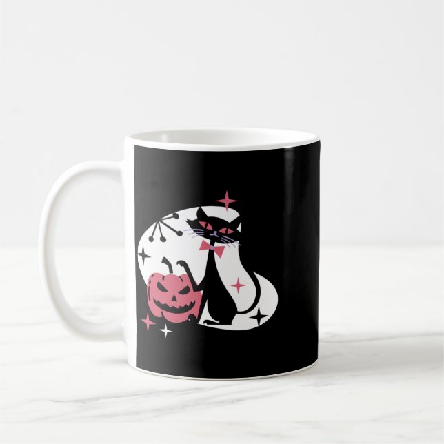 Mid Century Retro Svart Katt Pumpa Halloween Kaffemugg (Vänster)