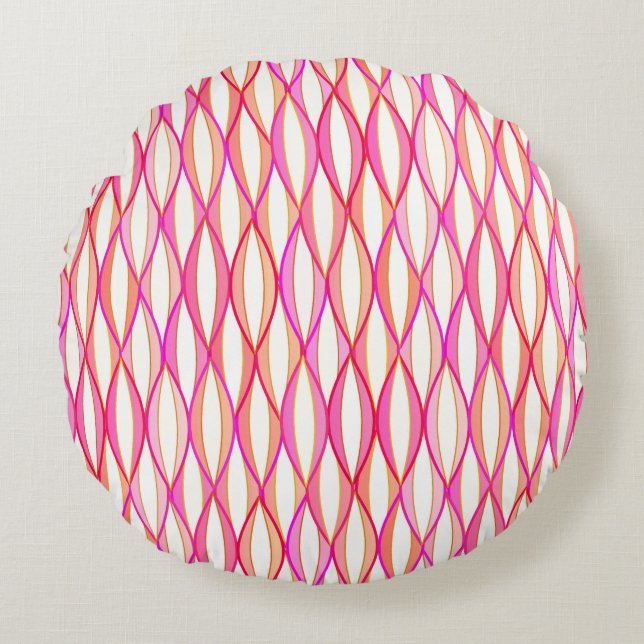 Mid-Century Ribbon Print - korall och rosa Rund Kudde (Framsidan)