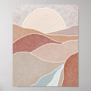 Mid Century Rosa & Mauve Solnedgång Abstrakt Berg Poster