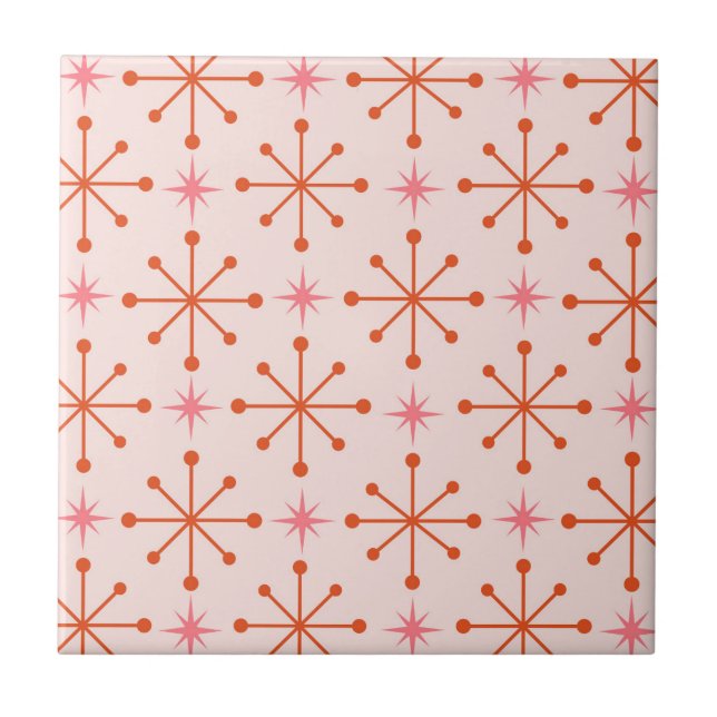 Mid Century Rosa Orange Atomära Stjärnsprakande Mö Kakelplatta (Framsidan)