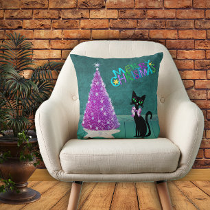 Mid Century Rosa Träd Svart Katt Teal Rum Jul Kudde