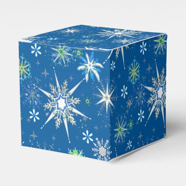 Mid-Century Snöflingor Galore På Blå Presentaskar (Framsidan Sidan)