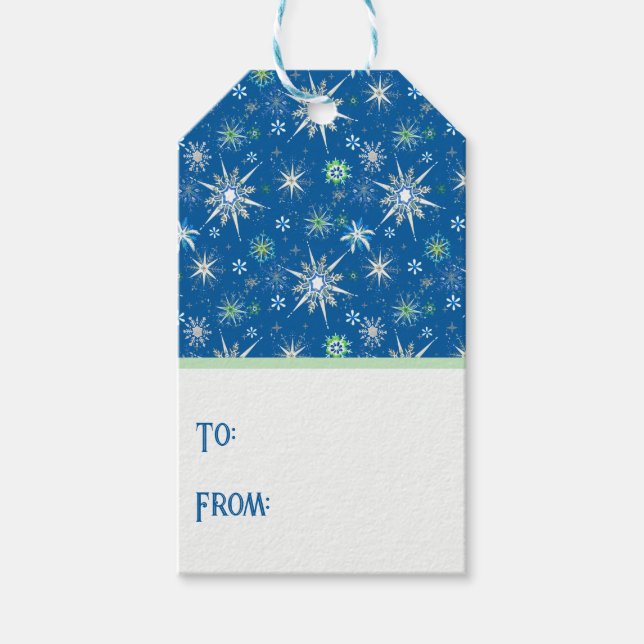 Mid-Century Snowflakes Galore On Blue Presentetikett (Framsidan)