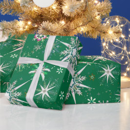 Mid-Century Snowflakes Galore On Green Presentpapper