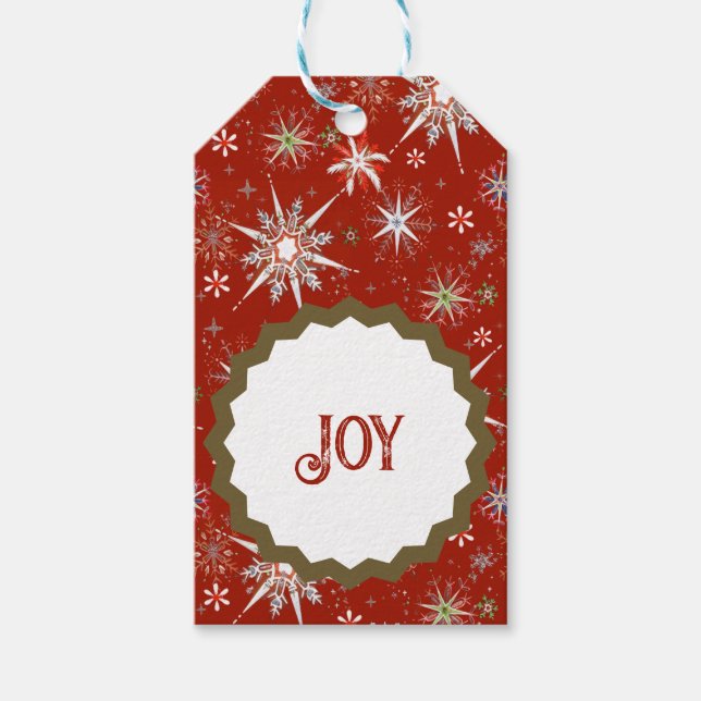 Mid-Century Snowflakes Galore On Red Presentetikett (Framsidan)