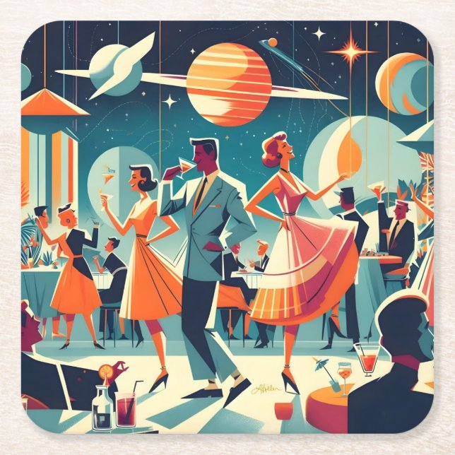 Mid Century Space Age Cocktailparty Underlägg Papper Kvadrat (Framsidan)