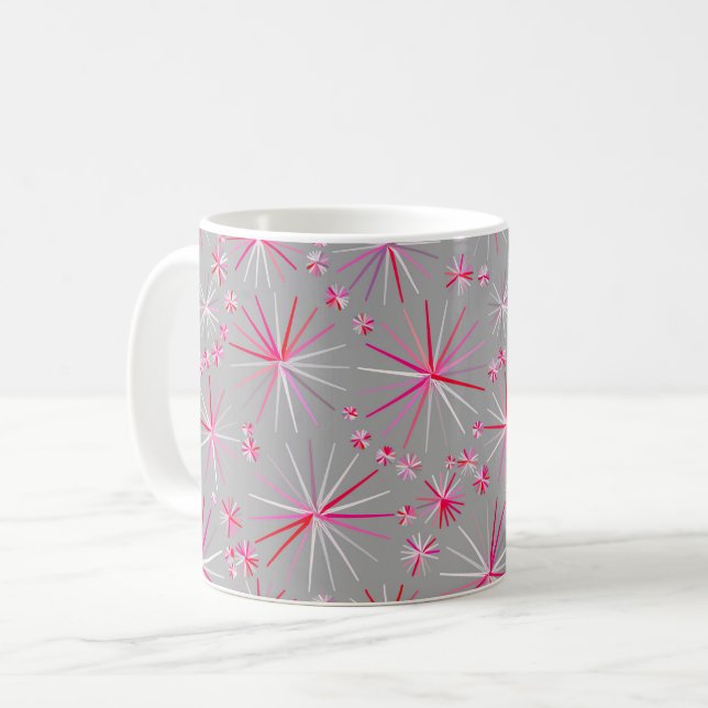 Mid Century Sputnik mönster, Grått och Fuchsia Kaffemugg (Framsida vänster)