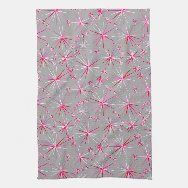 Mid Century Sputnik mönster, Grått och Fuchsia Kökshandduk (Vertikal)