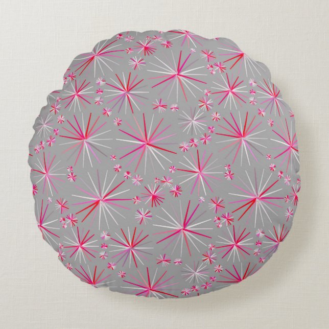 Mid Century Sputnik mönster, Grått och Fuchsia Rund Kudde (Framsidan)
