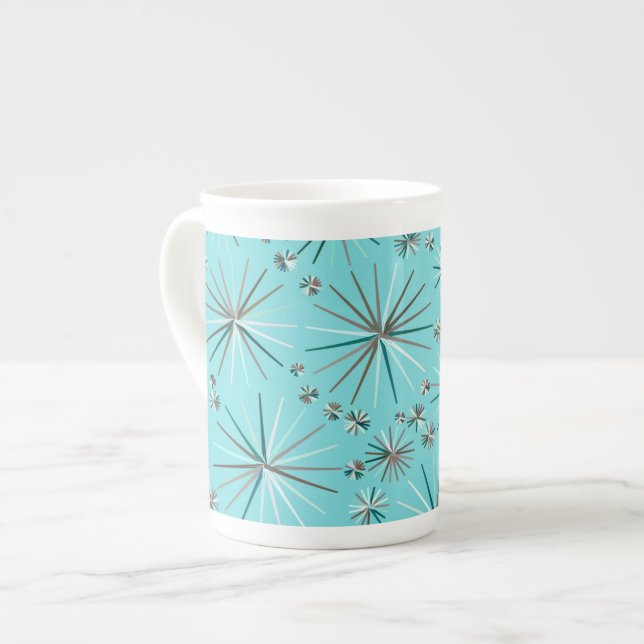 Mid Century Sputnik mönster, Robin's Egg Blue Benporslin Mugg (Framsida vänster)