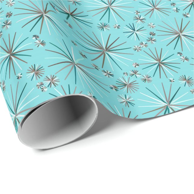 Mid Century Sputnik mönster, Robin's Egg Blue Presentpapper (Rullad Hörn)