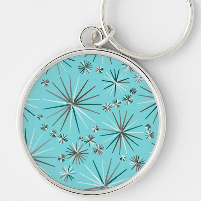 Mid Century Sputnik mönster, Robin's Egg Blue Rund Silverfärgad Nyckelring (Framsidan)