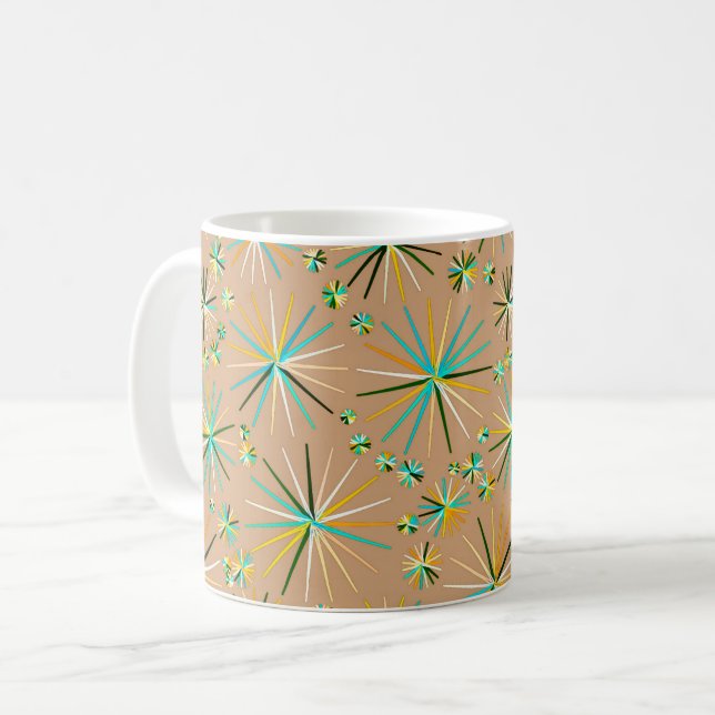 Mid Century Sputnik mönster, Taupe Tan Kaffemugg (Framsida vänster)