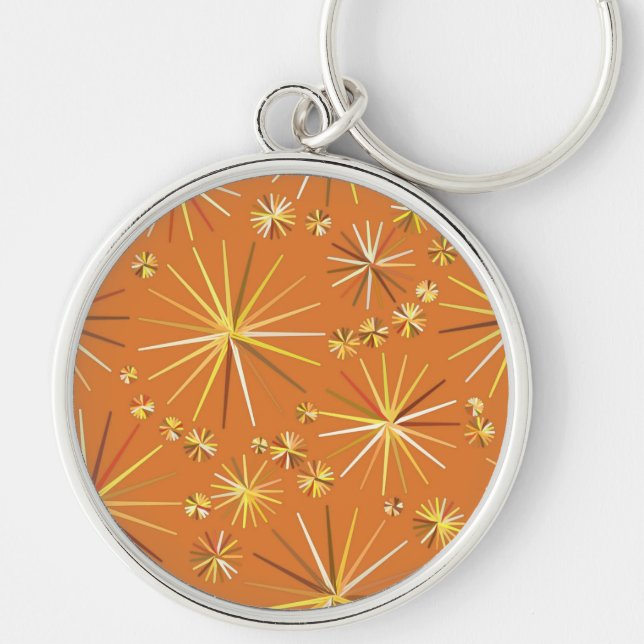 Mid Century Sputnik mönster, Terracotta Rund Silverfärgad Nyckelring (Framsidan)