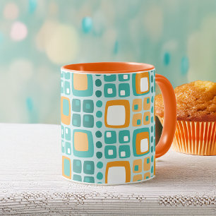Mid Century Squares and Dots Mönster Teal, Orange Mugg