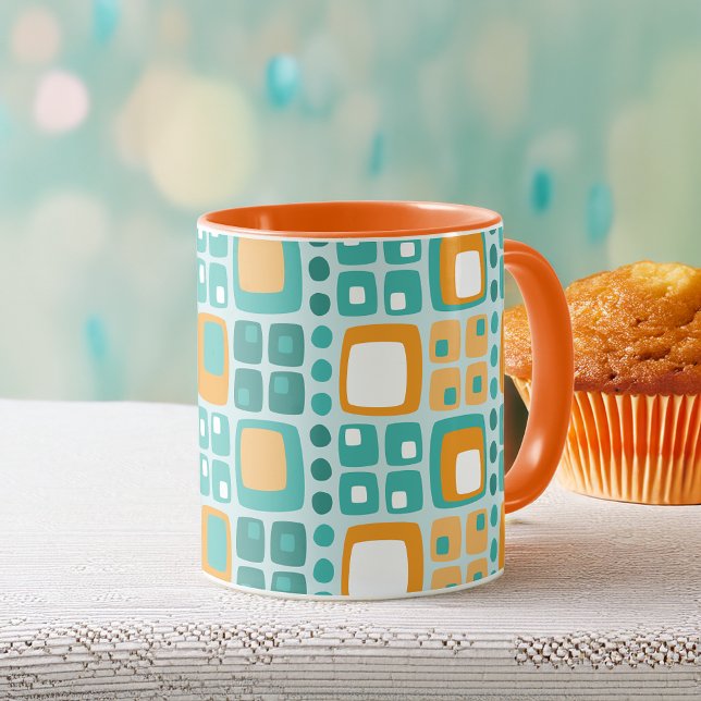 Mid Century Squares and Dots Mönster Teal, Orange Mugg (Skapare uppladdad)