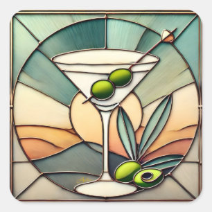 Mid Century Stached Glass 2 Olive Martini Fyrkantigt Klistermärke