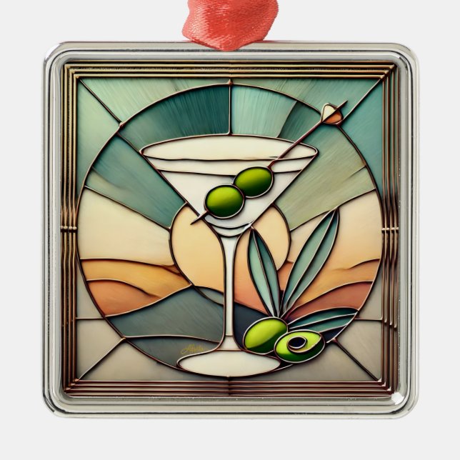 Mid Century Stached Glass 2 Olive Martini Julgransprydnad Metall (Framsidan)