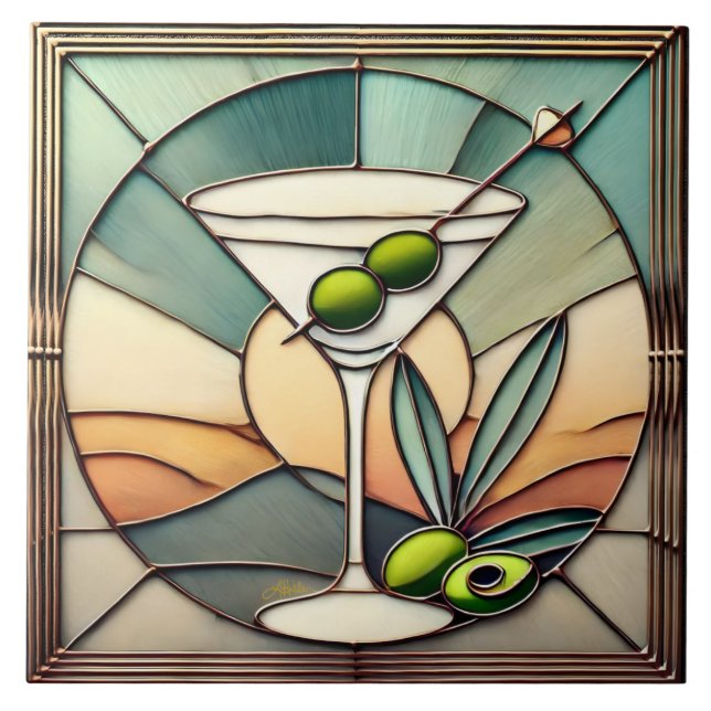 Mid Century Stached Glass 2 Olive Martini Kakelplatta (Framsidan)