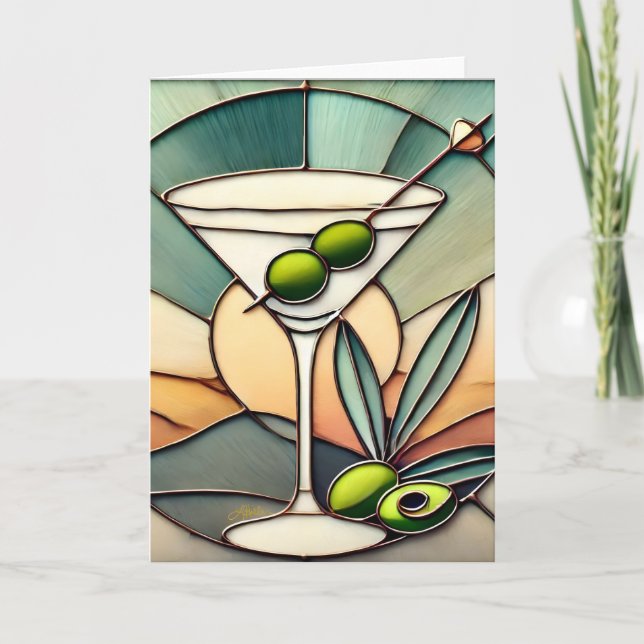 Mid Century Stached Glass 2 Olive Martini Kort (Framsida)