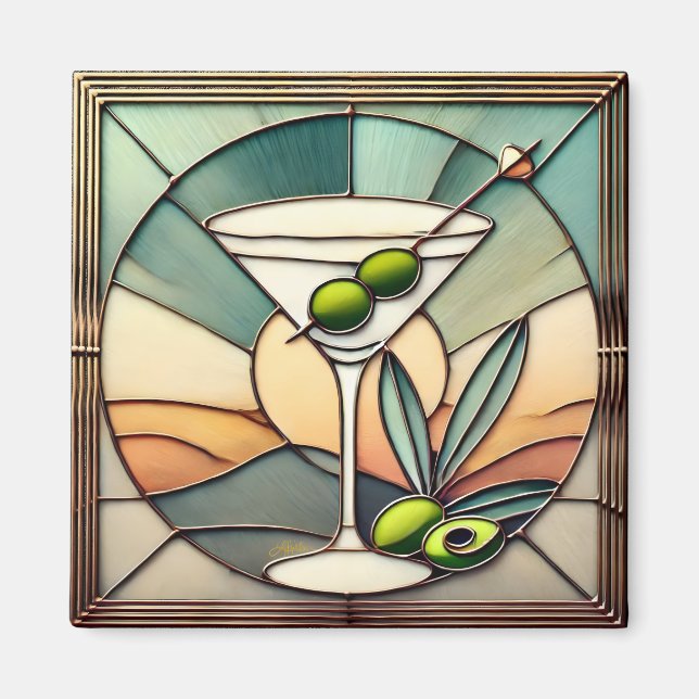 Mid Century Stached Glass 2 Olive Martini Magnet (Framsidan)
