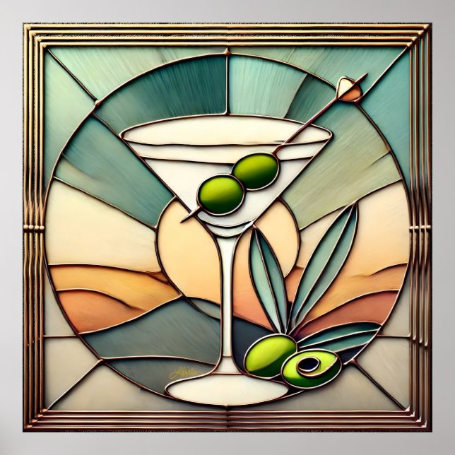 Mid Century Stached Glass 2 Olive Martini Poster (Framsidan)