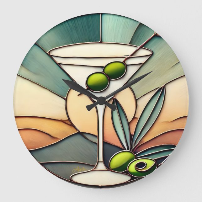 Mid Century Stached Glass 2 Olive Martini Stor Klocka (Framsida)