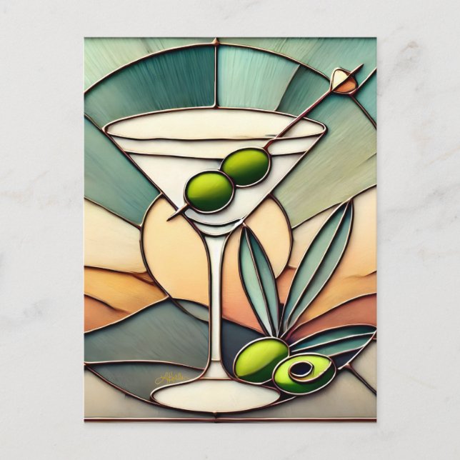 Mid Century Stached Glass 2 Olive Martini Vykort (Framsida)