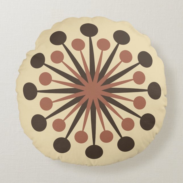 Mid Century Starburst Brown Clay Guld Rund Kudde (Framsidan)