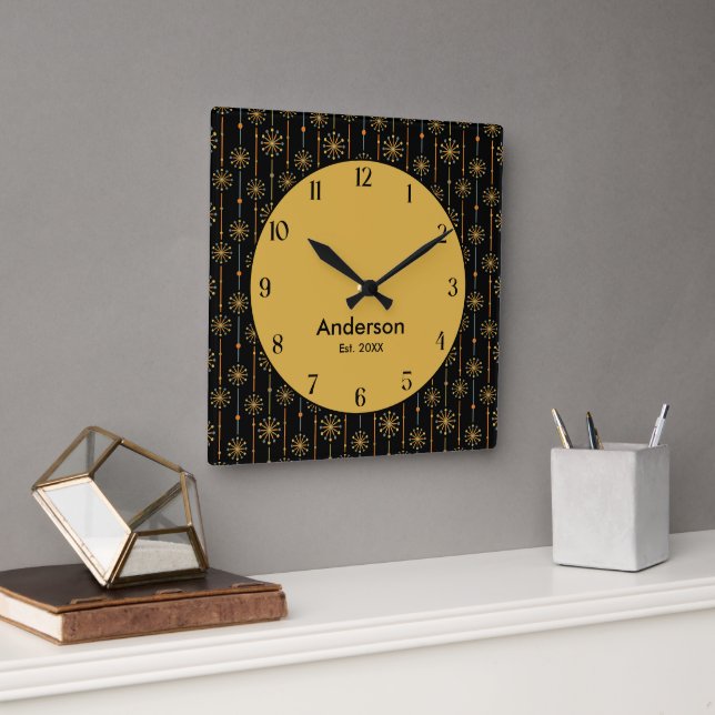 Mid Century Starburst Rand Anpassningsbar Färg SVG Fyrkantig Klocka (Kontor)