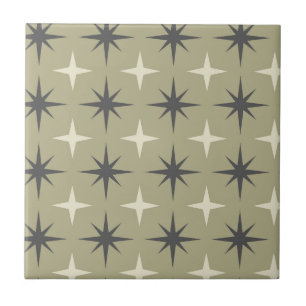 Mid Century Starbursts i beige och taupe på salvia Kakelplatta