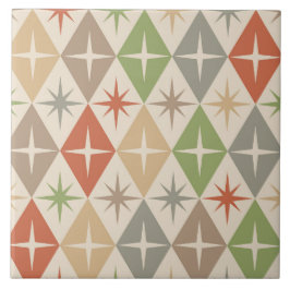 Mid Century Starbursts on Earthy Retro Diamonds Kakelplatta