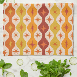 Mid Century Starbursts on orange gult Ogee Kökshandduk