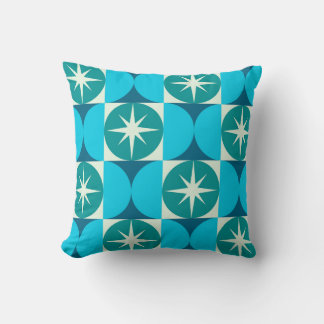 Mid Century Starbursts på blå teal cirklar Kudde