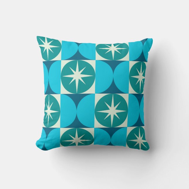 Mid Century Starbursts på blå teal cirklar Kudde (Framsida)