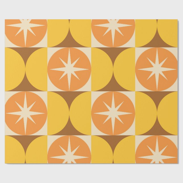 Mid Century Starbursts på orange gula cirklar Presentpapper (Platt)