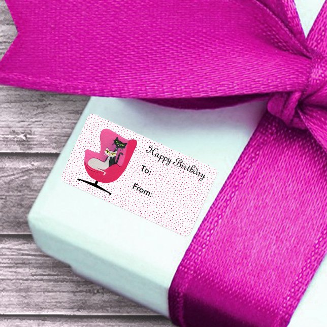 Mid Century Stil Cats Rosa Dots Adressetikett (Atomic cats in vintage pink chair on white with pink polka dots Birthday gift tag stickers.)